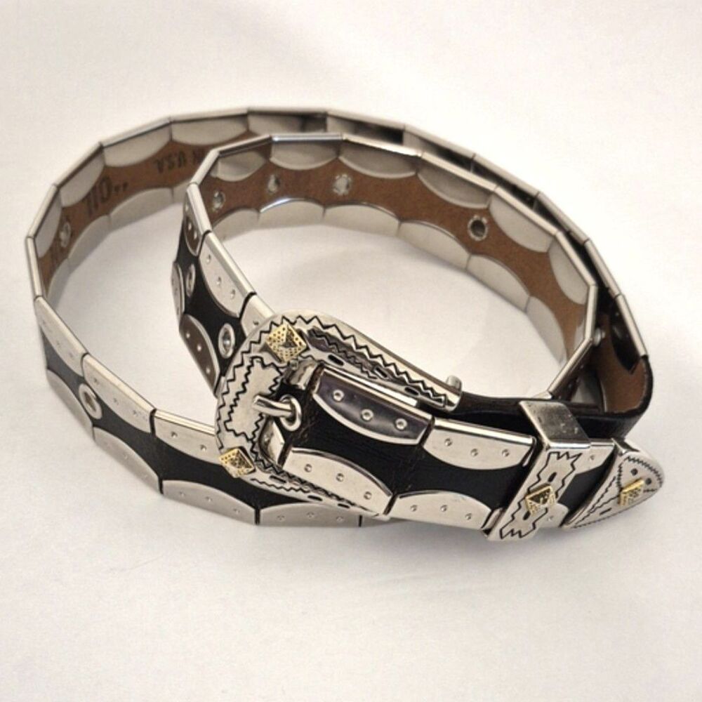 Vintage Oil Tan Black Leather Belt Western Rockstar Rock & Roll Silver Gold S/M